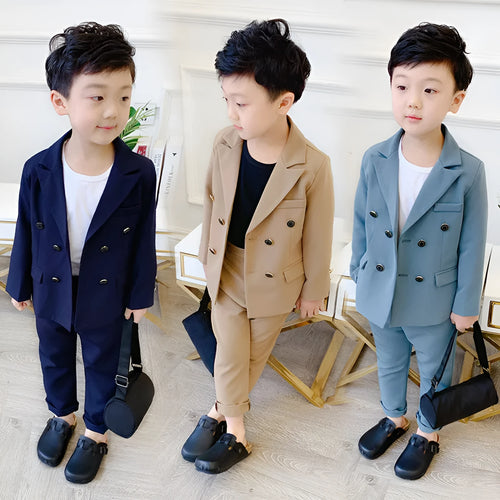 Boys two-piece suit set with long sleeve shirt and trousers in light blue, size 100cm