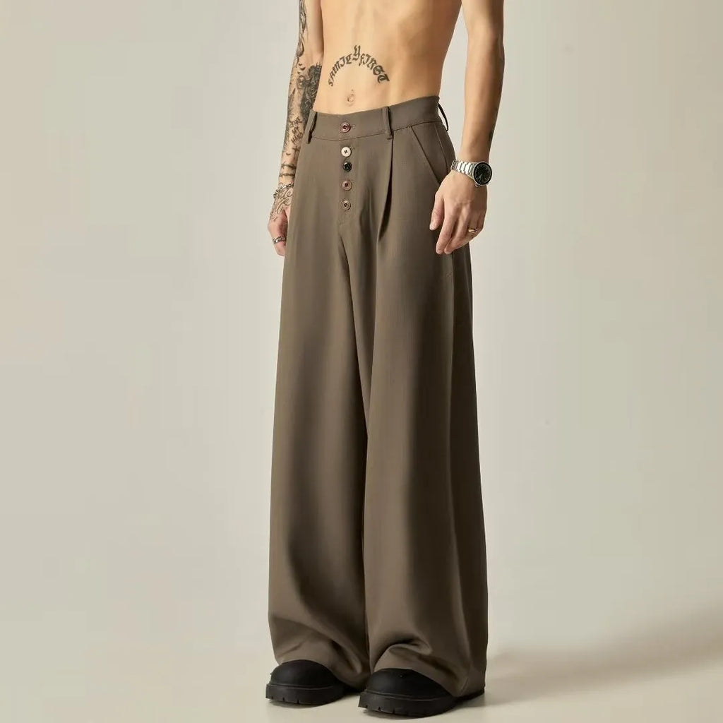 Men's solid colour vertical tube wide-leg casual trousers with elastic mid-waist