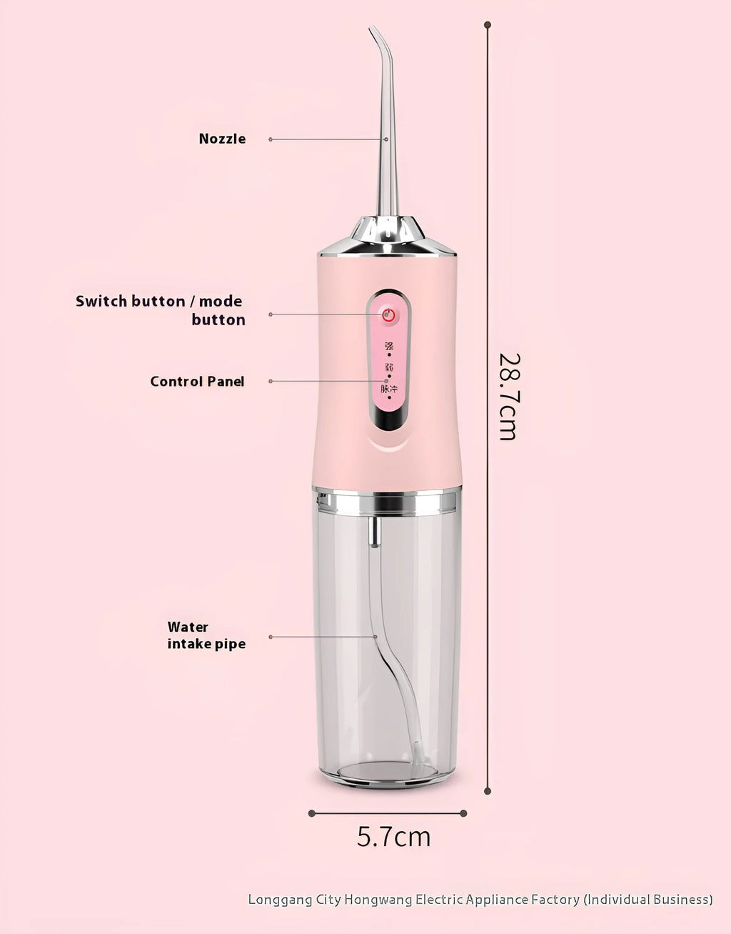 Pink electric water flosser with 300ml tank, multiple nozzles, and IPX7 waterproof design