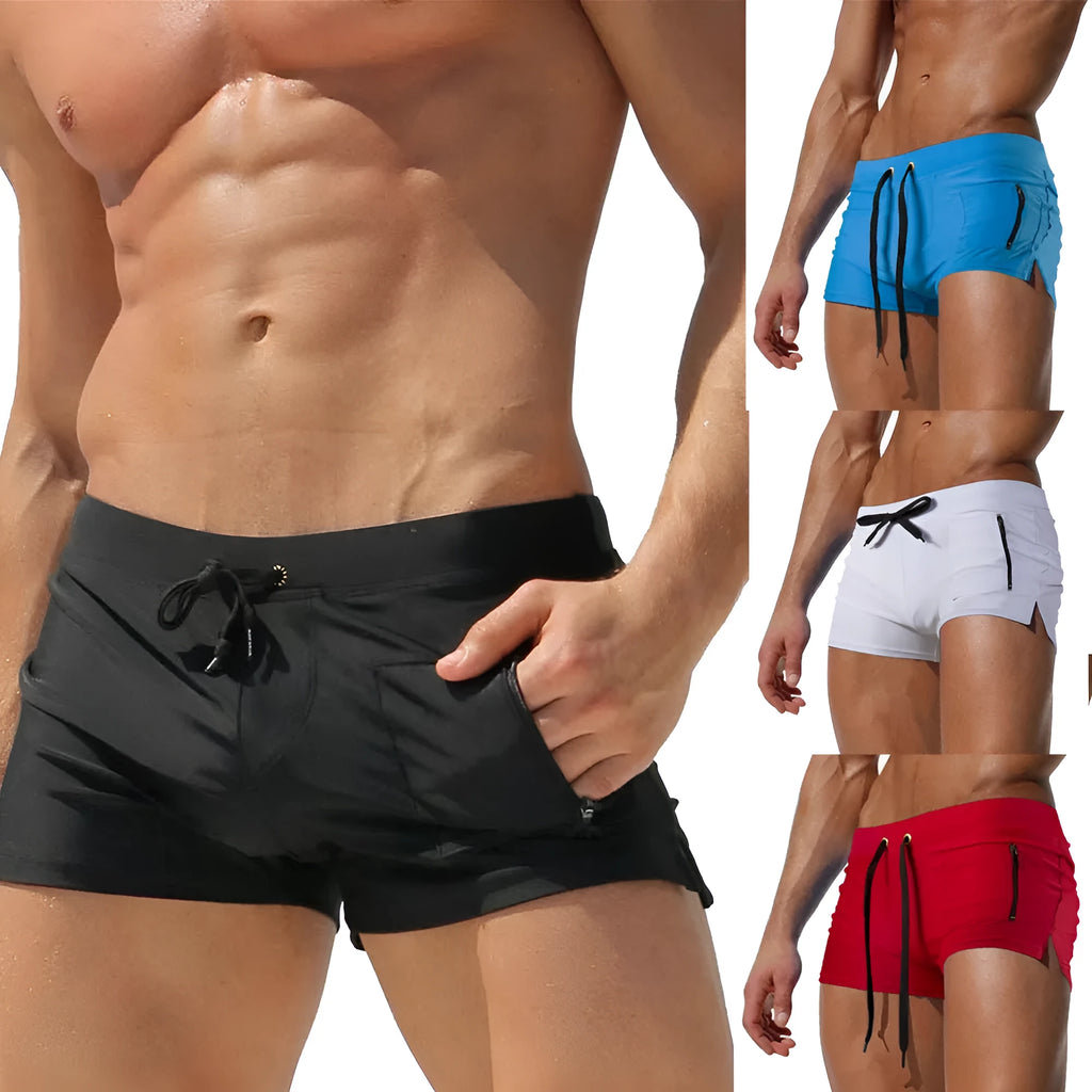 Men's black high waist swimming trunks with a lace-up front detail