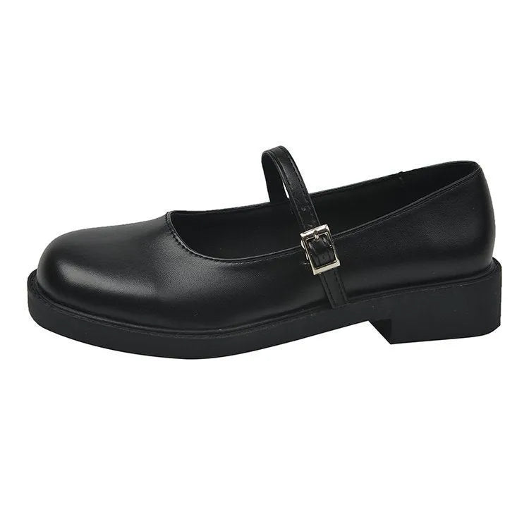 Women's solid colour French vintage flat shoes with a round toe, shown in red, black, and grey.