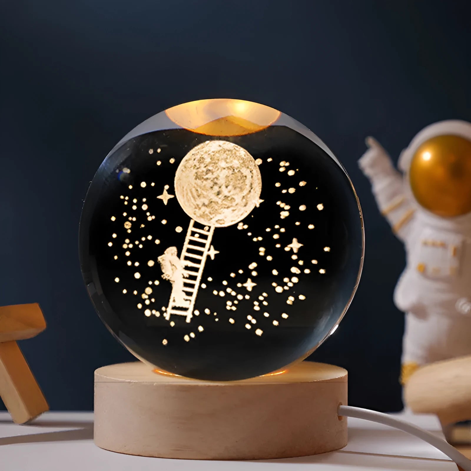Starry sky luminous crystal ball on wooden base with USB power cord
