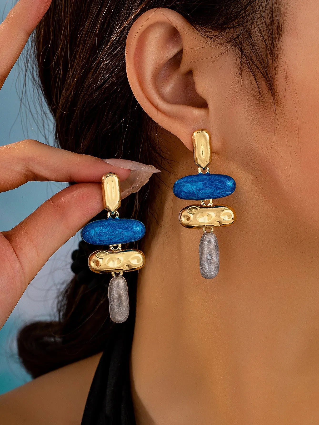 Geometric zinc alloy stud earrings with electroplated multicolour finish for women