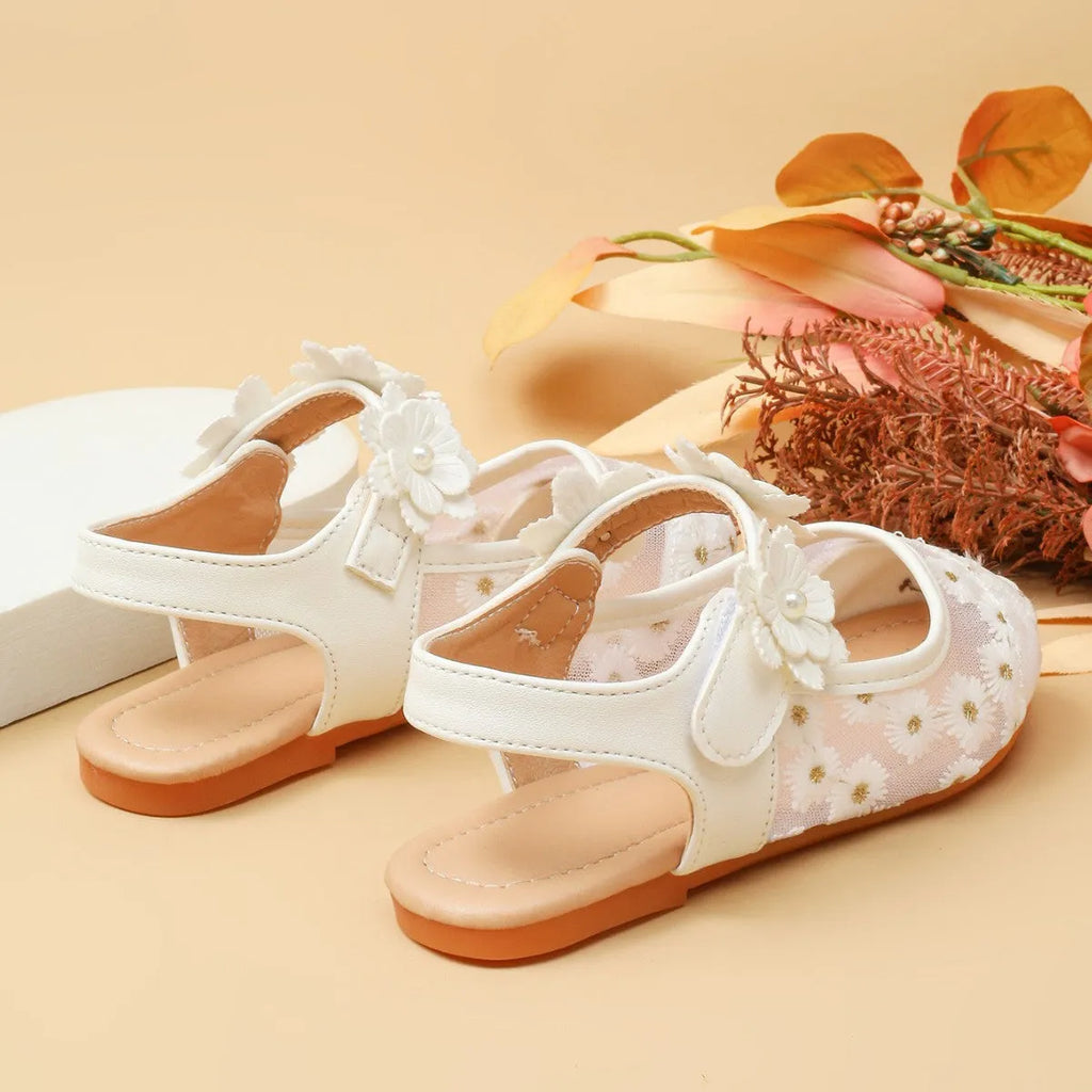 Girls white flat bottom PU leather mesh comfort shoes with floral design and Velcro closure, size 20-36