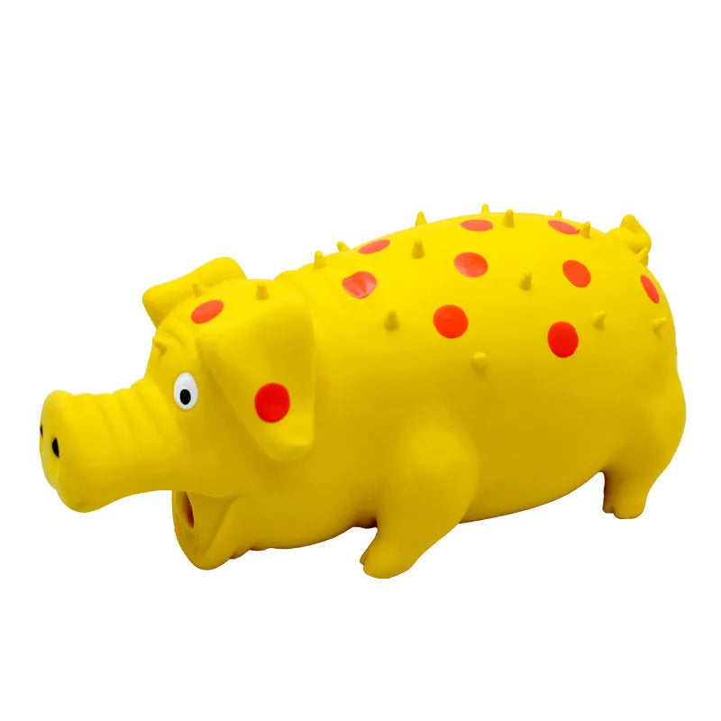 Colourful pig-shaped latex dog chew toy with textured surface for teeth cleaning