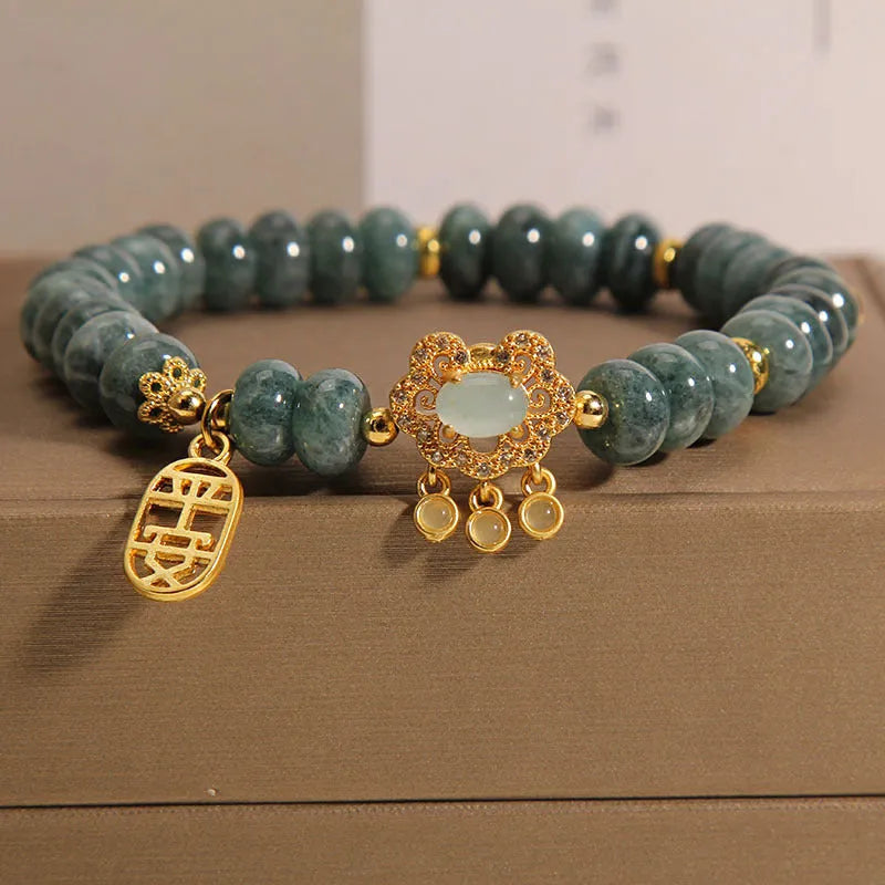Women's natural green emerald jade abacus bead bracelet with metal alloy safety lock clasp