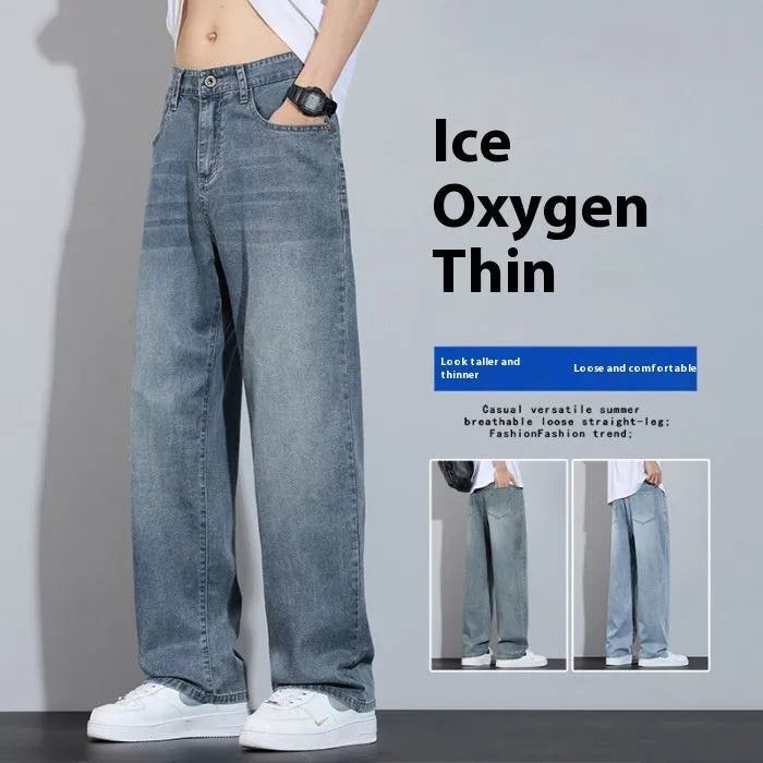Straight-leg casual trousers in ice silk denim with wide-leg style and zip fly