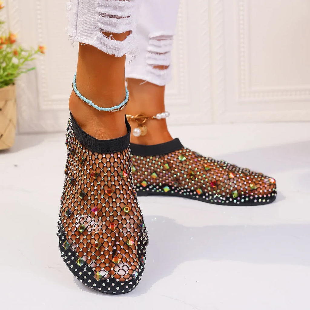 Women's flat sandals with mesh upper, colourful rhinestone design, and round toe
