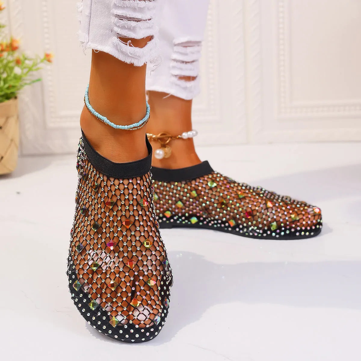 Women's flat sandals with mesh upper, colourful rhinestone design, and round toe