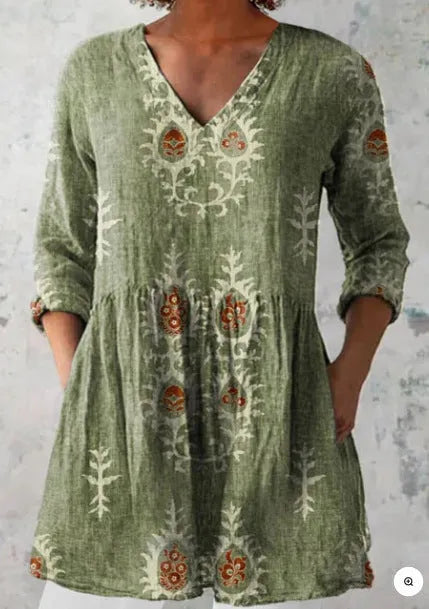 Women's printed wave pattern loose dress with 3/4 sleeves and wide waist design in various colour options