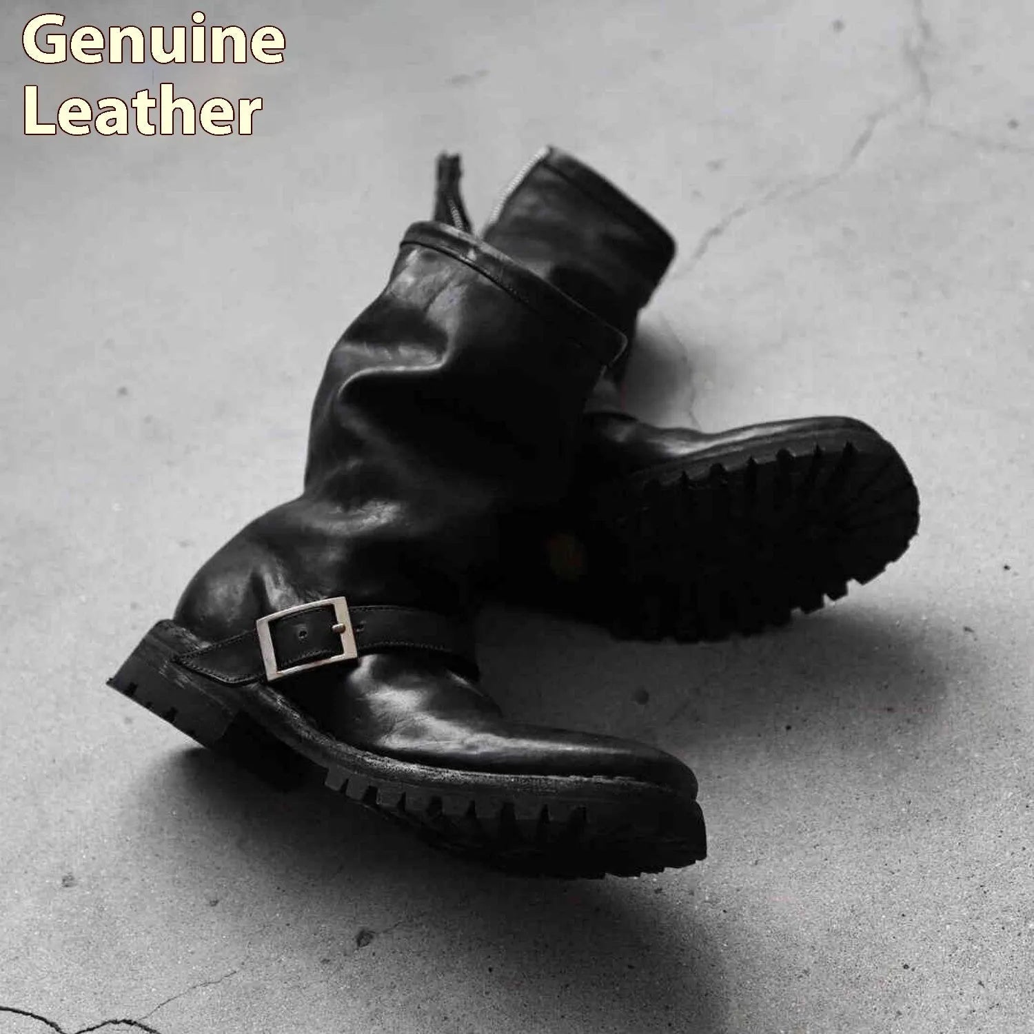 Men's dark retro Martin ankle boots with side zipper on a solid background.
