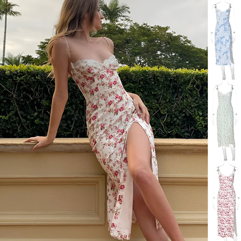 Women's long summer dress with lace flower print, suspender straps, and a high-leg slit.