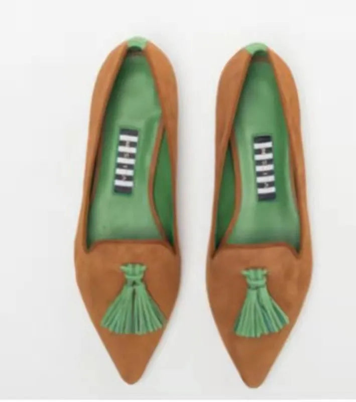 Women's low-cut pointed-toe colourblock tassel flat shoes in Brown Green and Brown Orange on a clean background