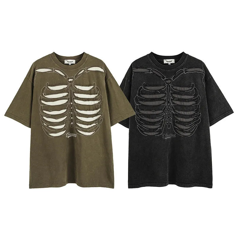Black loose fit t-shirt with skull and letter print featuring drop-shoulder sleeves.