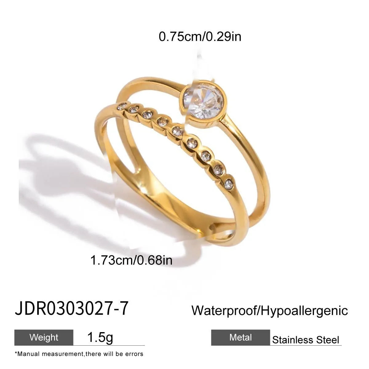 Geometric stainless steel zircon ring with no-fade finish on a hand.
