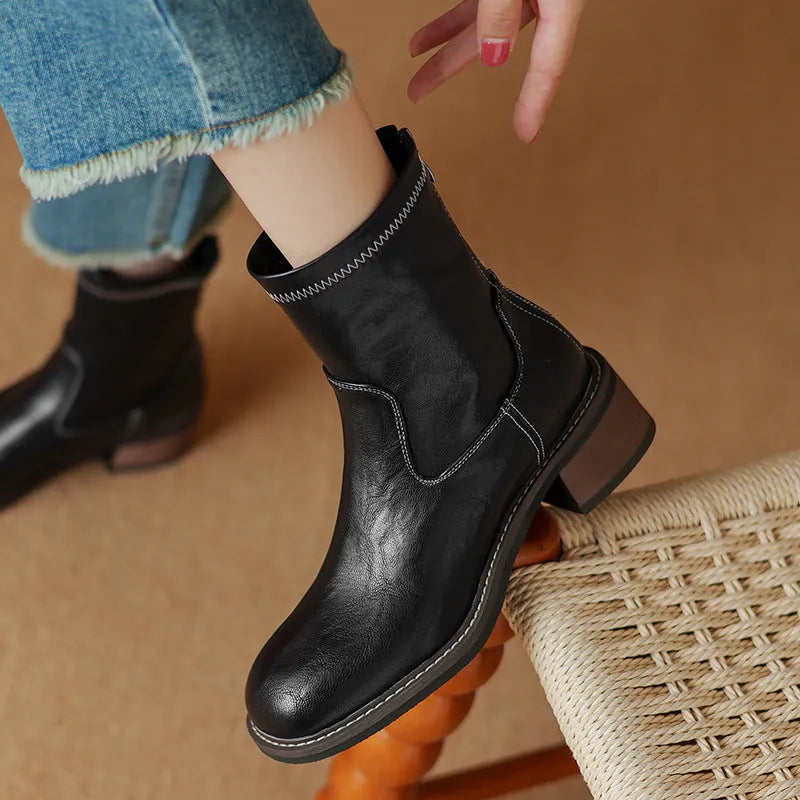 Women's casual mid-heel Martin boots with artificial PU upper and front lacing in black and brown
