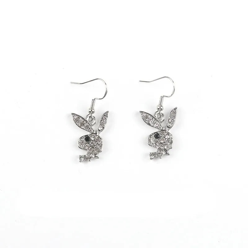 Cute rabbit-shaped stud earrings with diamond detail in silver, pink, or gold colour.