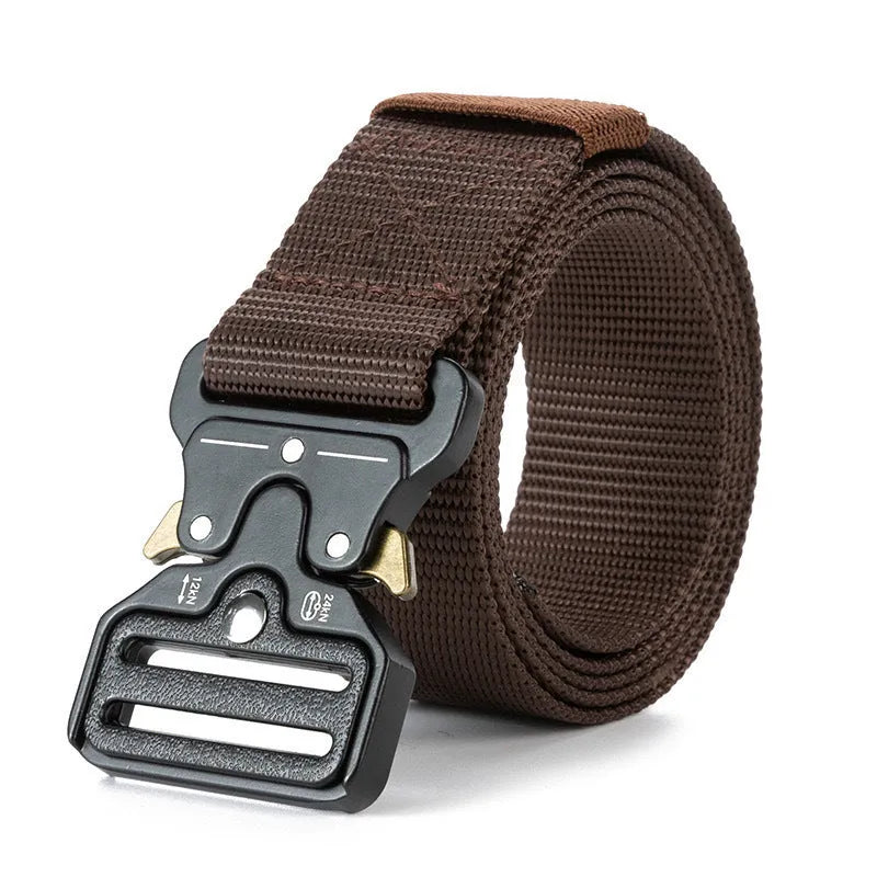 Men's black canvas tactical belt with a silver alloy release buckle, laid flat to show its 120cm length.