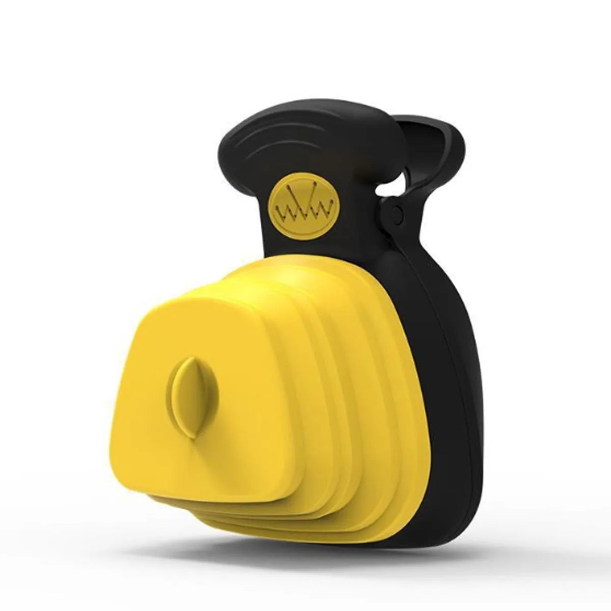 Blue portable pooper scooper with clip, expandable container, and integrated waste bag dispenser for dog waste cleanup.