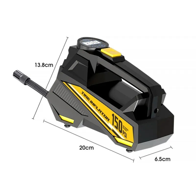 Black portable car tyre inflator with digital display and LED light feature