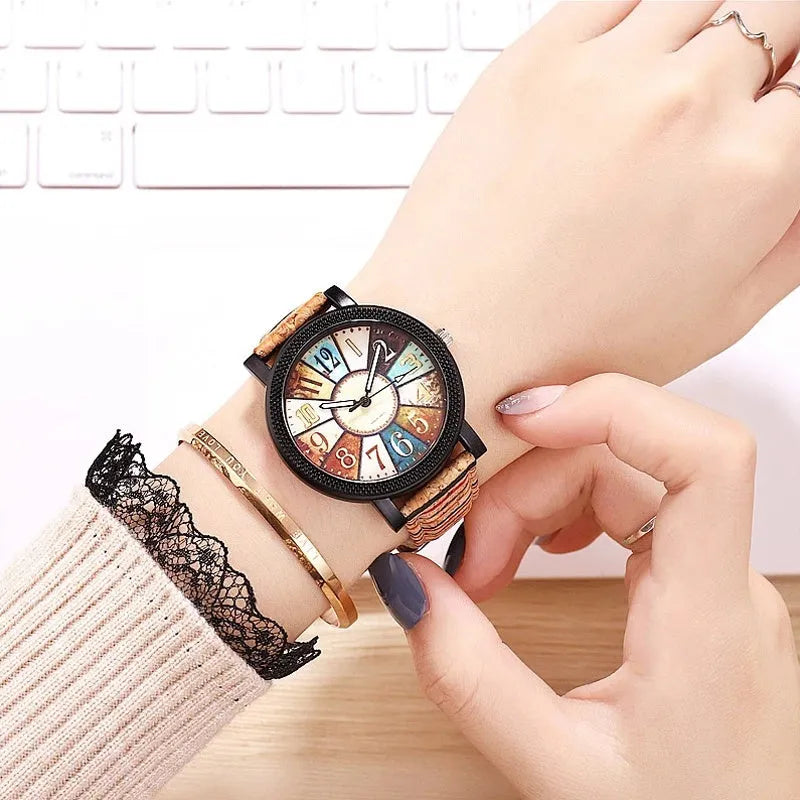 Women's vintage style quartz watch with 37mm round dial on leather strap with stainless steel pin buckle