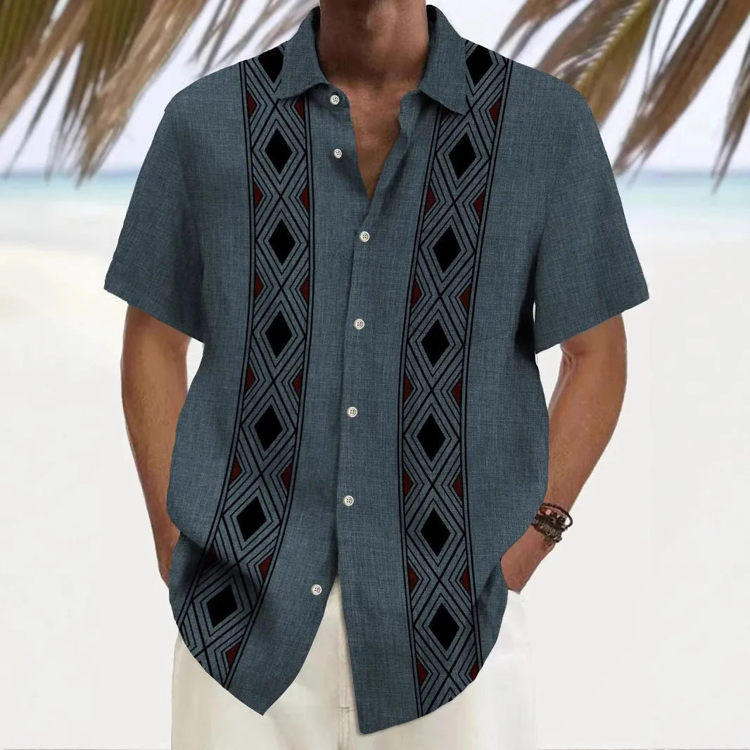 Men's loose fit casual printed shirt in a multicolour pattern, cardigan style.