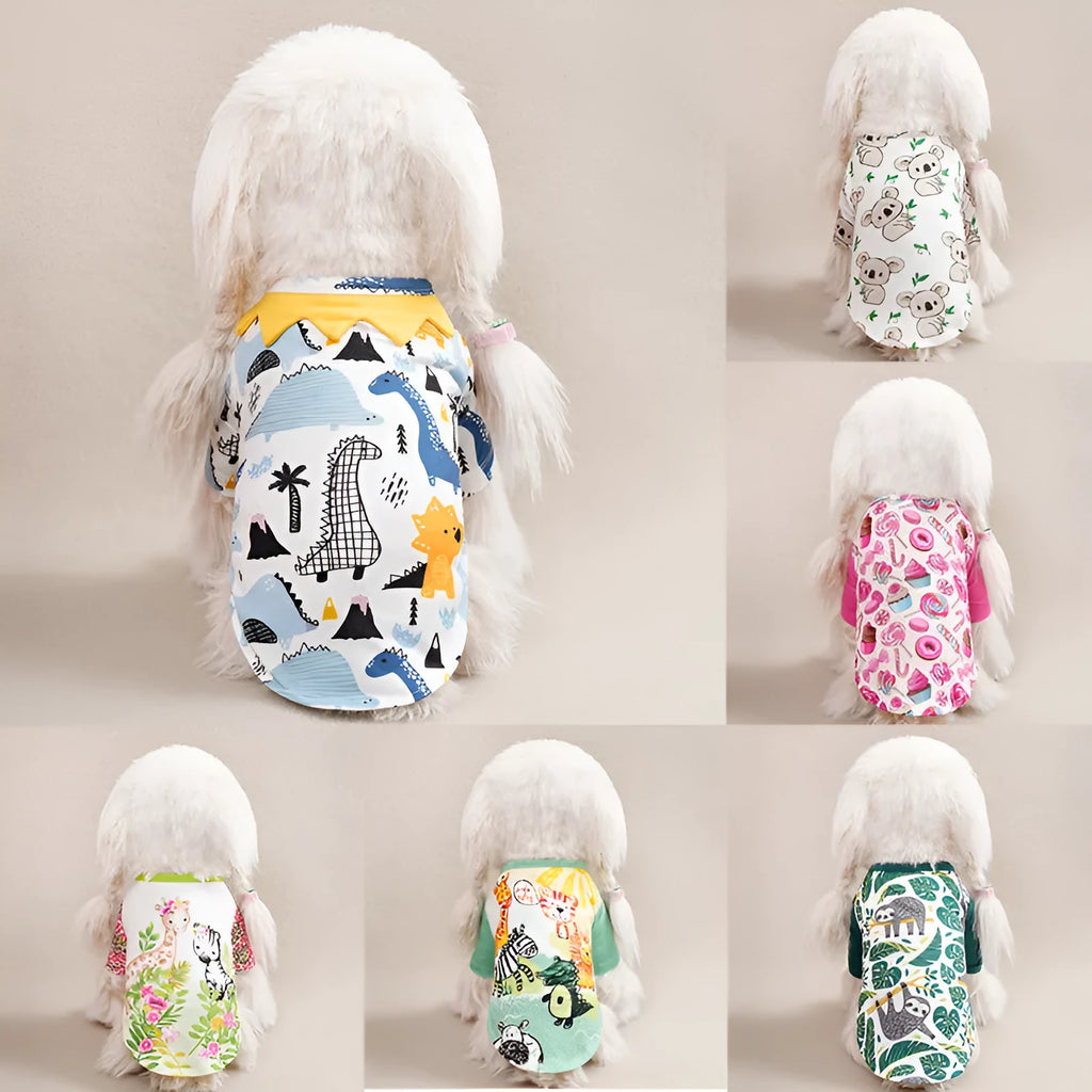 Full print polyester dog t-shirt for small pets in sizes S XXL with colour codes QZ030 QZ037