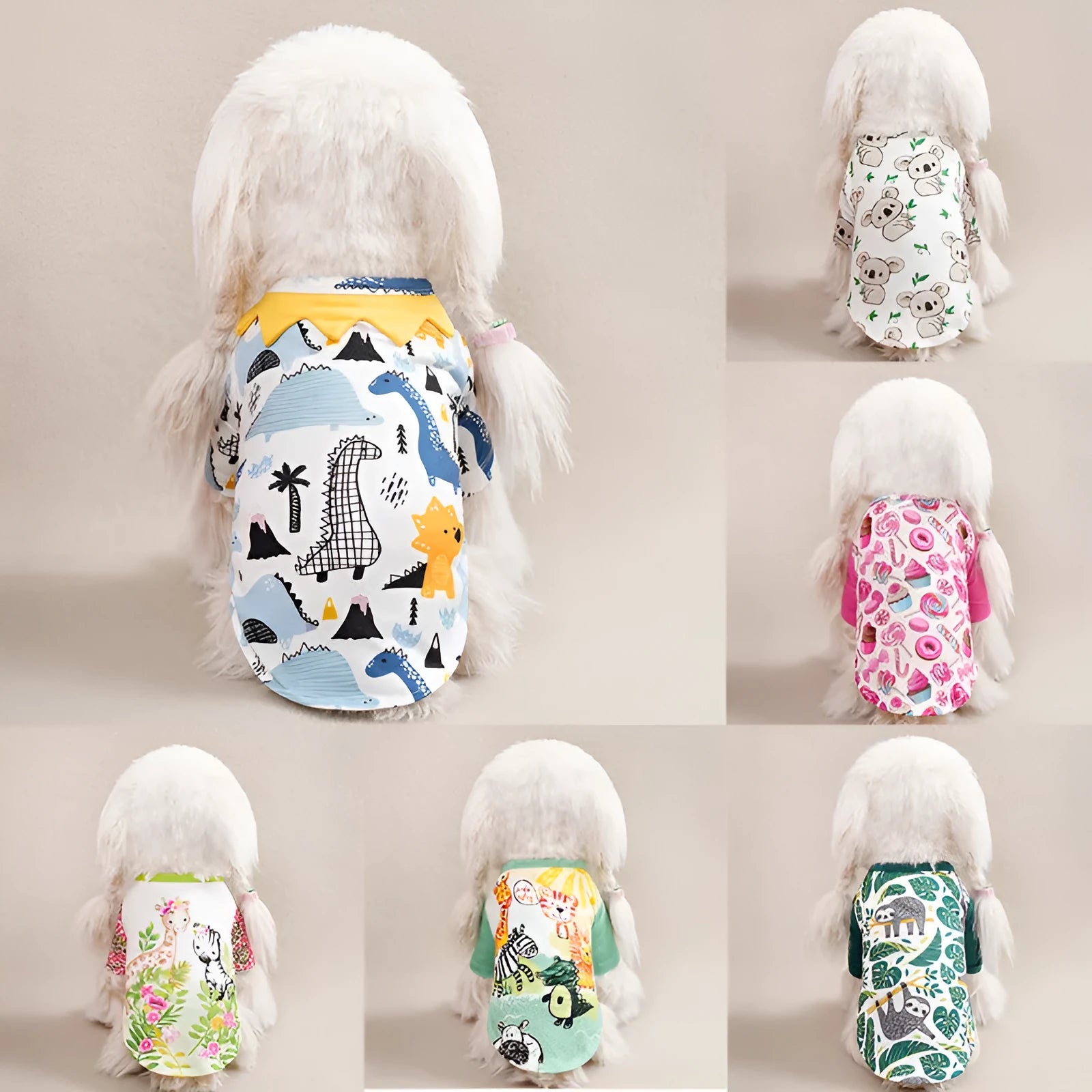 Full print polyester dog t-shirt for small pets in sizes S XXL with colour codes QZ030 QZ037
