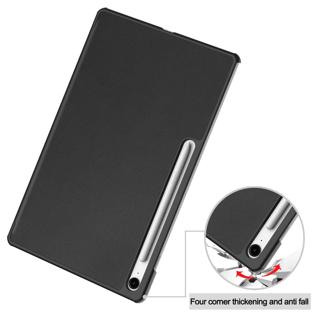 Samsung Tab S10 FE Plus 13.1-inch leather case in tri-fold stand position showing PC hard shell.