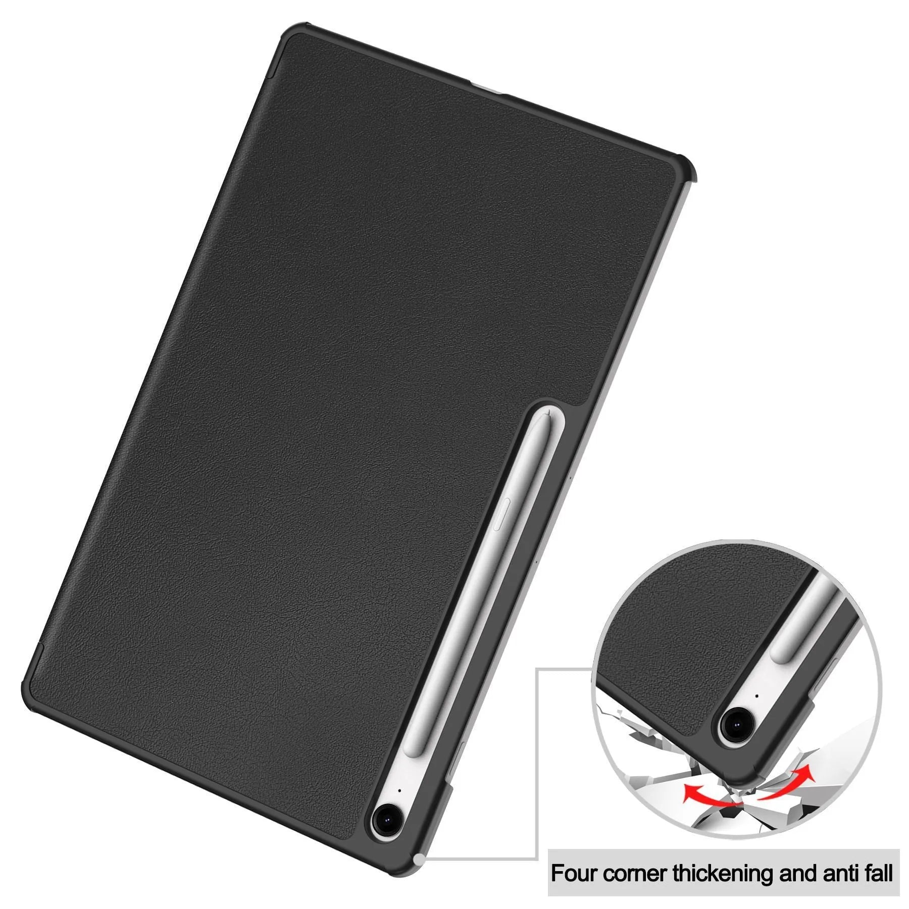 Samsung Tab S10 FE Plus 13.1-inch leather case in tri-fold stand position showing PC hard shell.