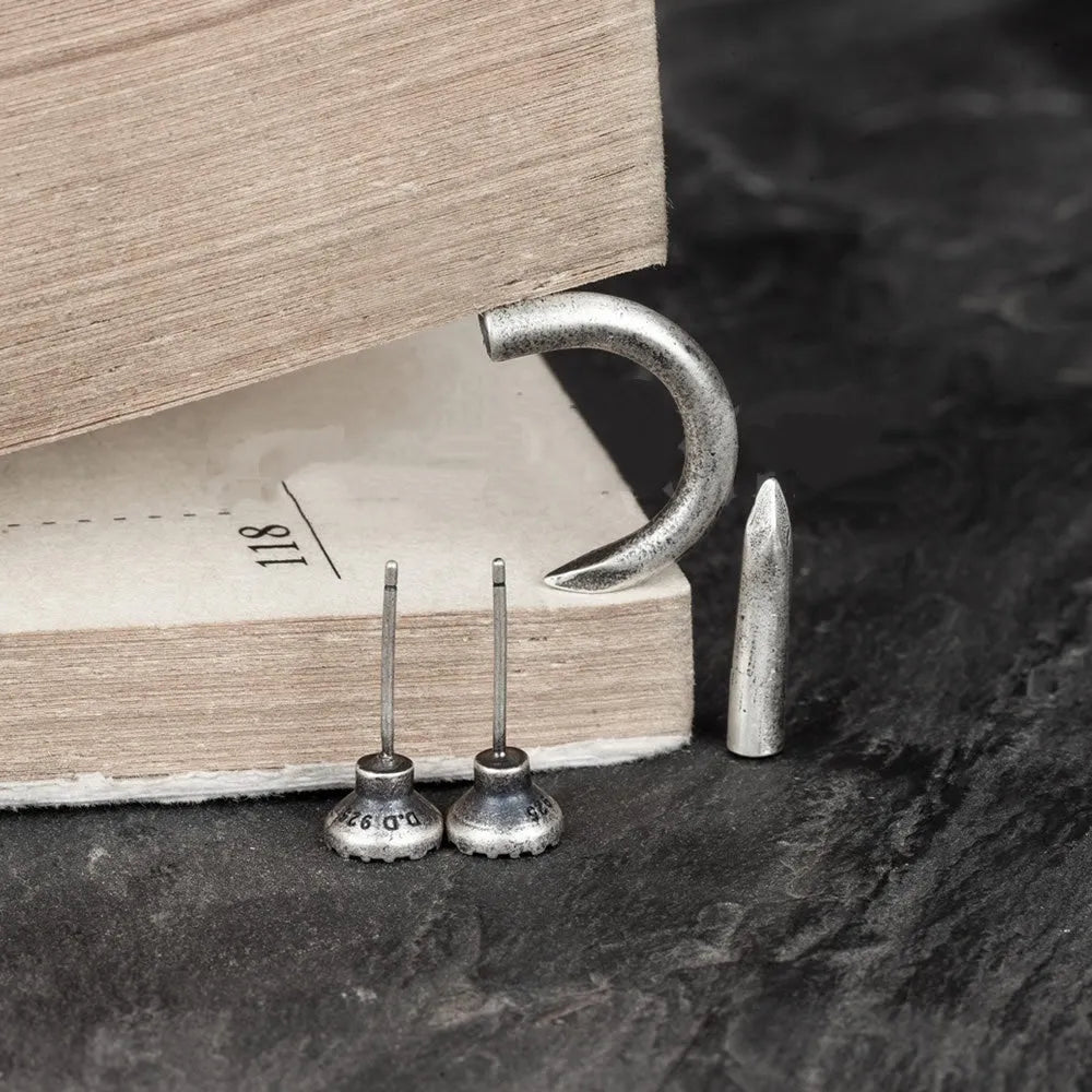 S925 sterling silver punk-style nail stud earrings in straight and curved designs