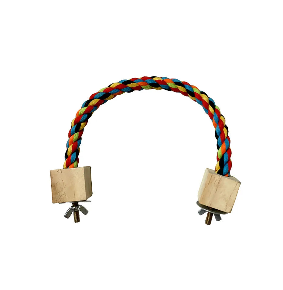 Parrot climbing rope toy with swing rings in wooden material on white background