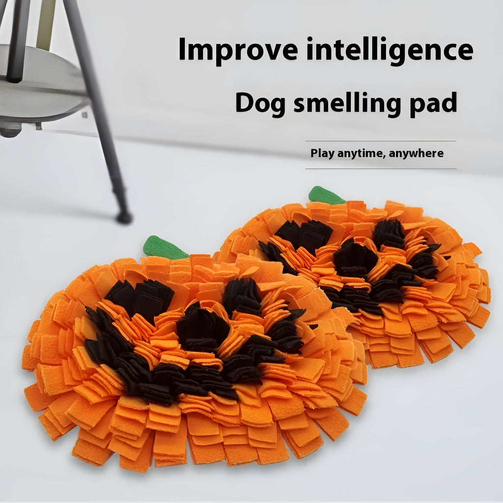 Orange pumpkin-shaped pet smell mat made from polar fleece for slow feeding and scent training games.