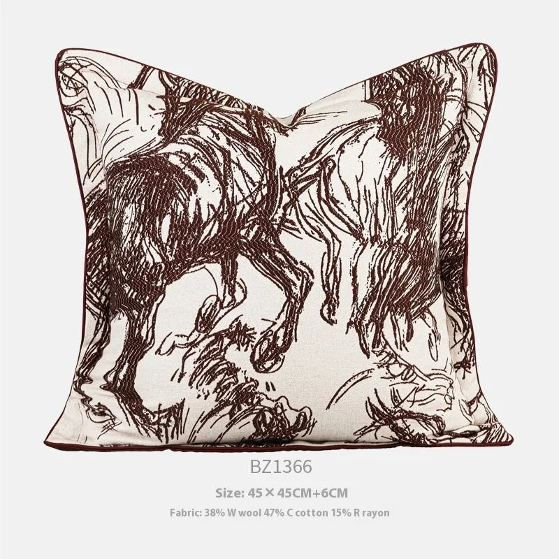 Modern abstract golden horse jacquard cushion in square and waist pillow sizes with colour options