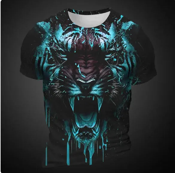 Man wearing a black T-shirt with a detailed 3D tiger graphic print on the chest.