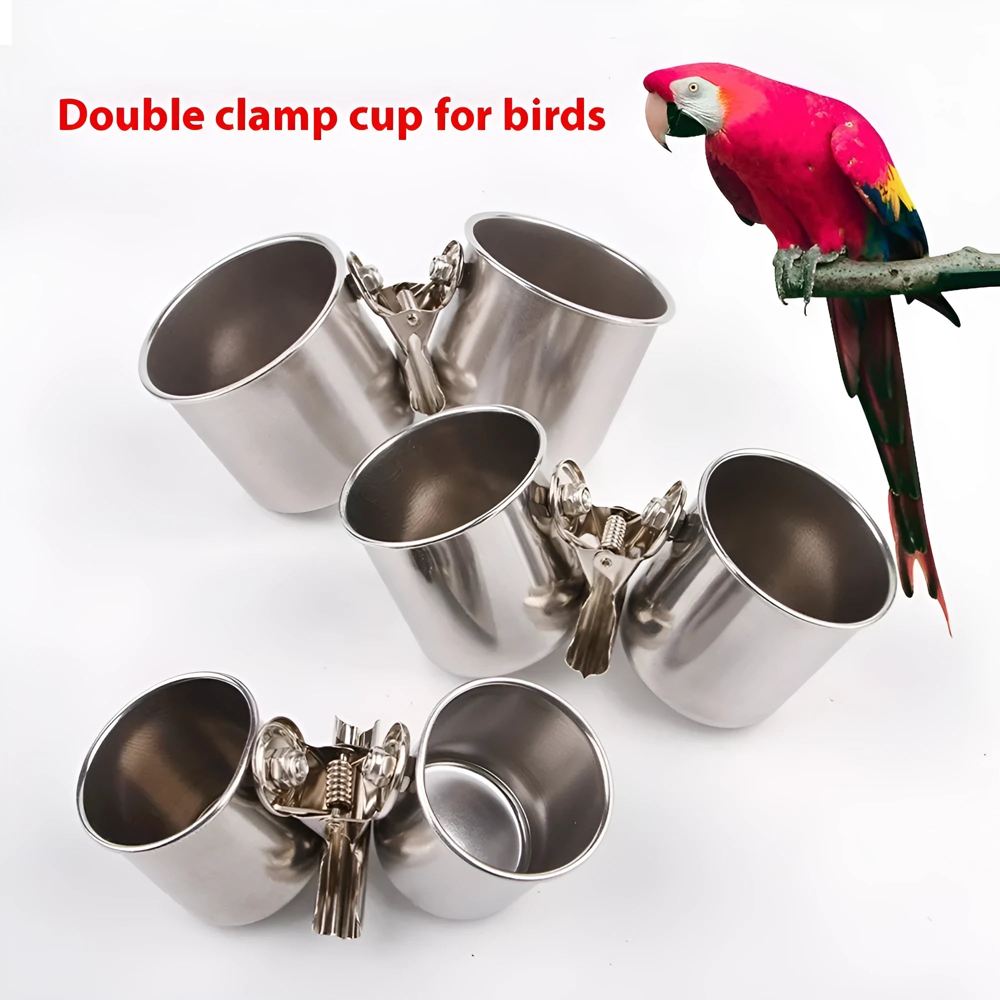 Stainless steel outdoor birdcage feeder in natural colour, shown in three size options.