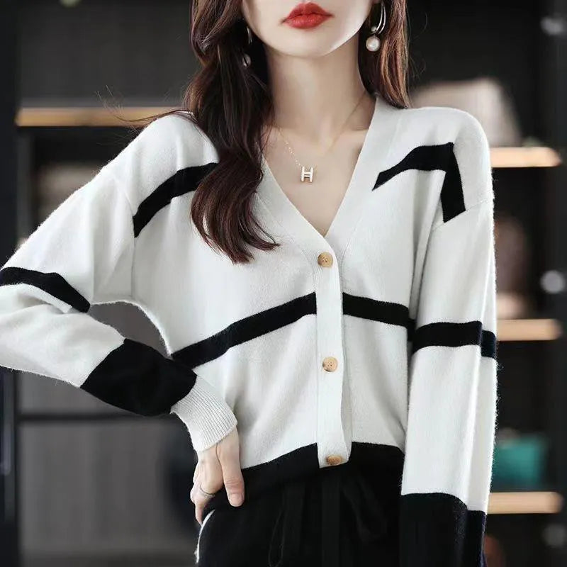 Women's slim fit V-neck cardigan with 3D striped pattern in multiple colour options