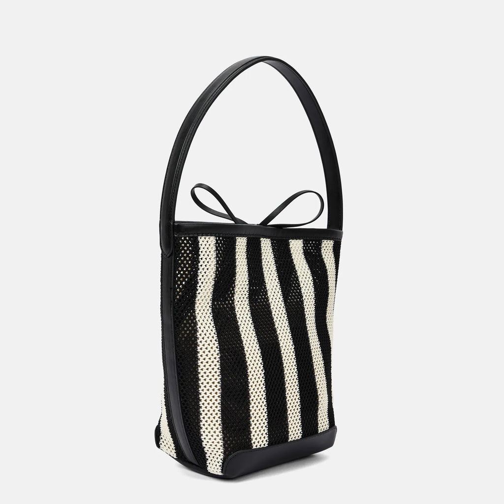 Women's soft woven fabric shoulder bag, black and white stripes, bucket shape, 28x18x13 cm