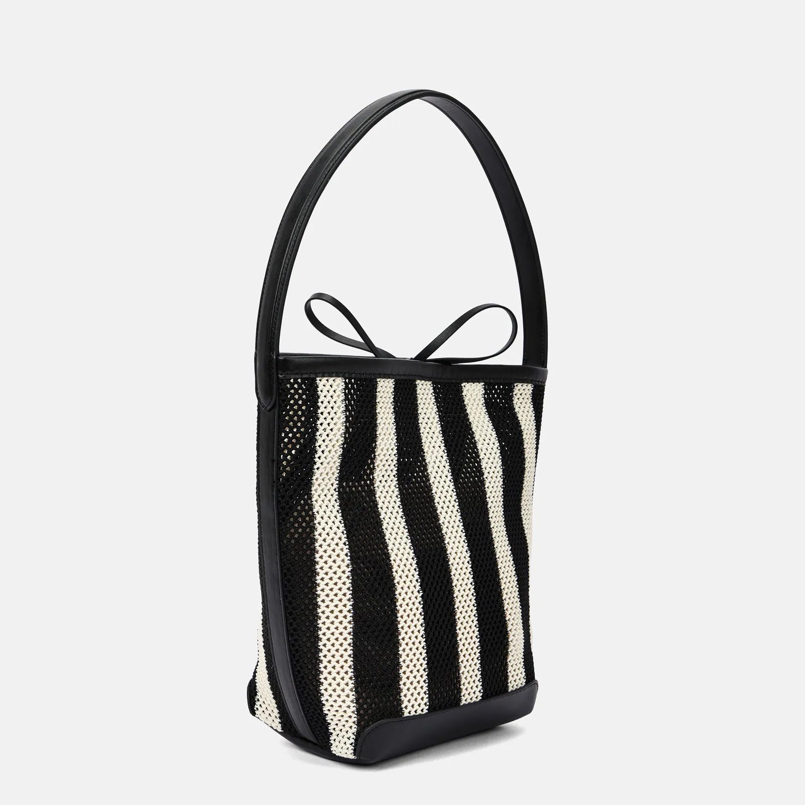 Women's soft woven fabric shoulder bag, black and white stripes, bucket shape, 28x18x13 cm