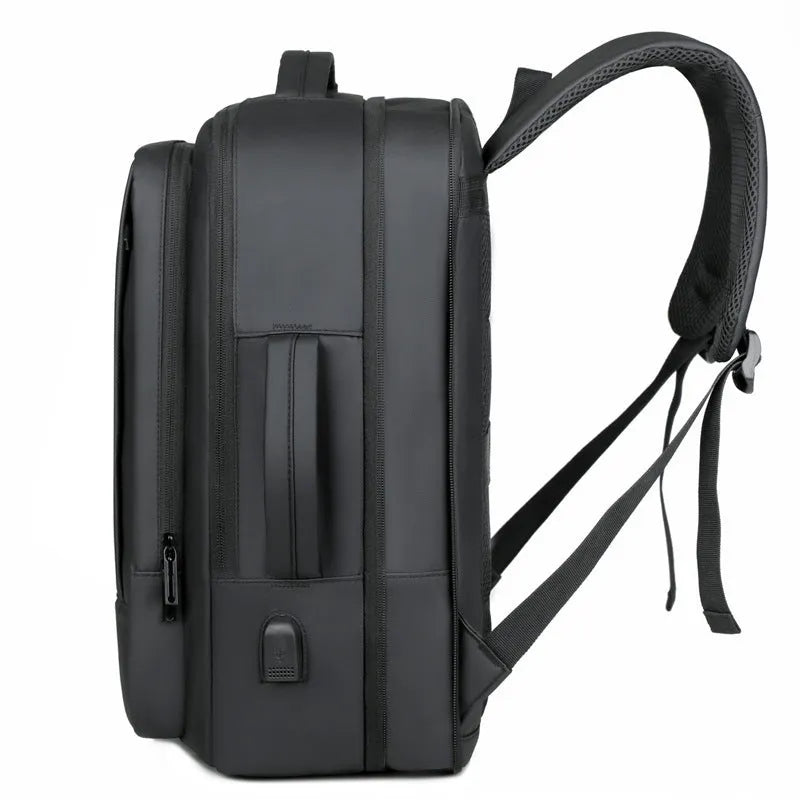 Black large capacity waterproof Oxford backpack with curved shoulder strap and hand carry handle.