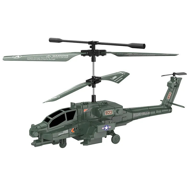 Apache remote control helicopter in army green with gyroscope and anti-fall design on display