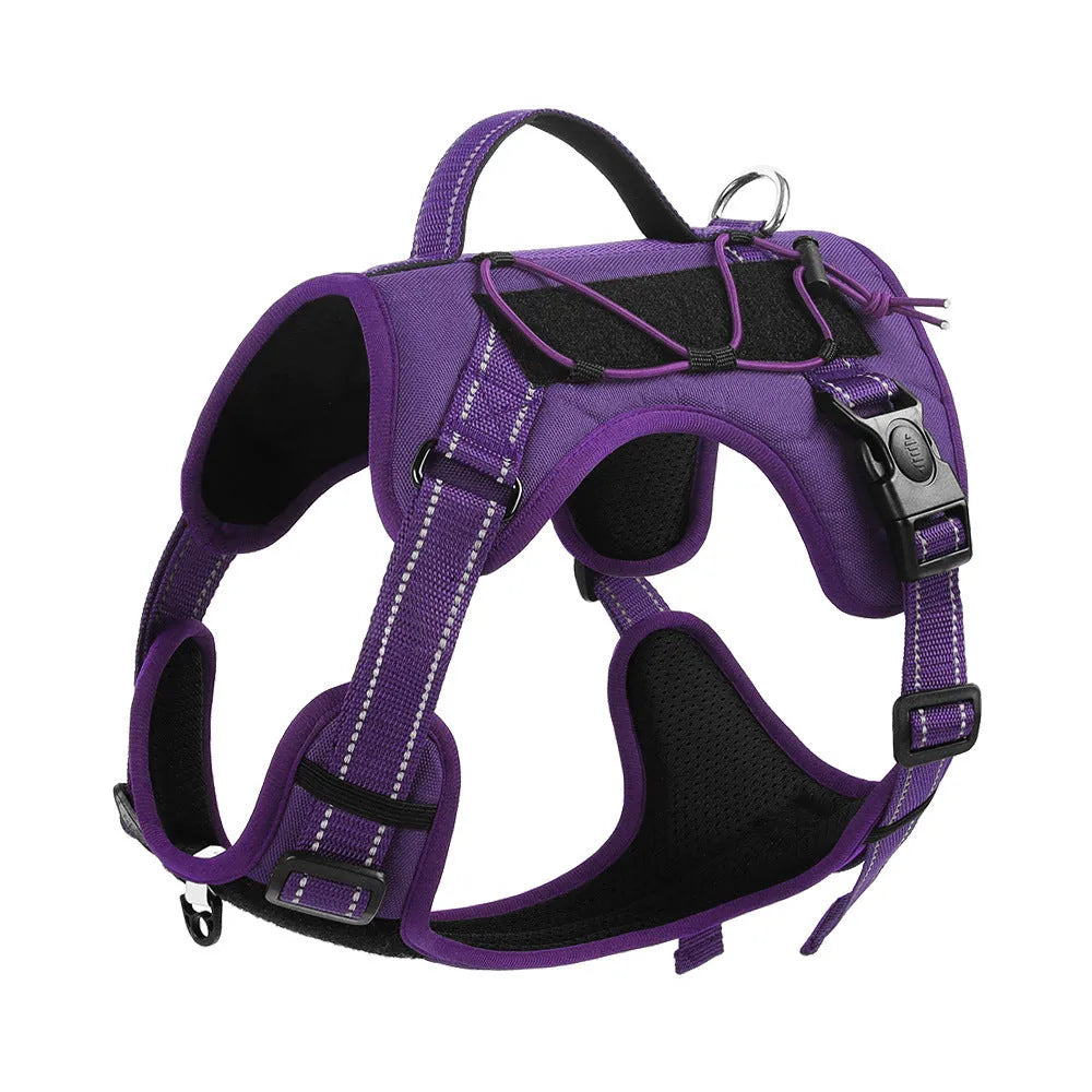 Orange reflective dog harness with explosion-proof breast strap and black hand-holding rope laid flat