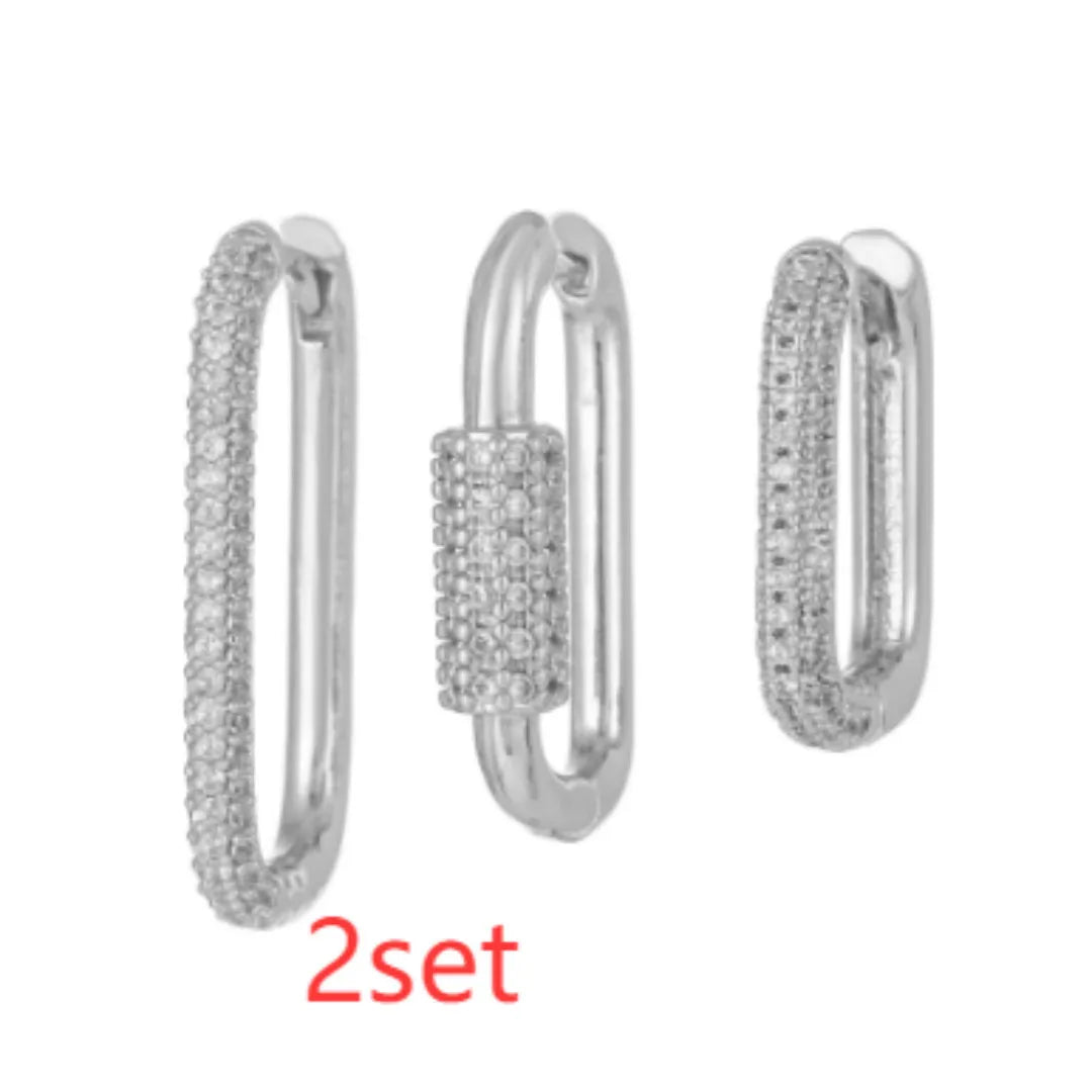 Geometric ear clip three-piece set with micro zircon detailing in gold and white colours