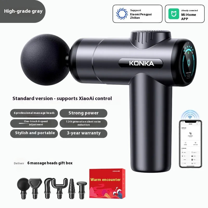Konka V19 mini electric massage gun in grey colour with multiple massage heads on a red box.