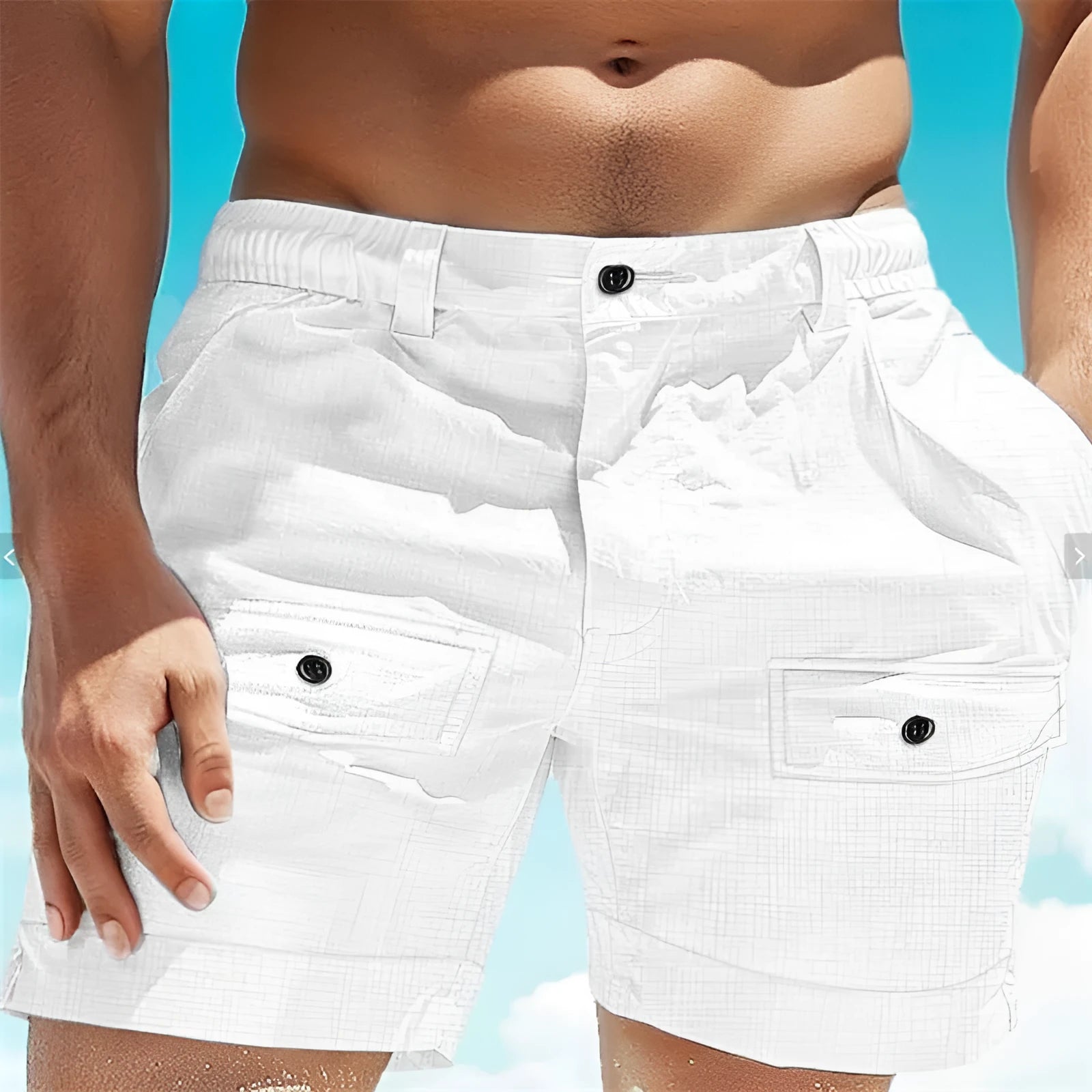 Men's linen beach shorts with elastic waist and button pockets in white colour