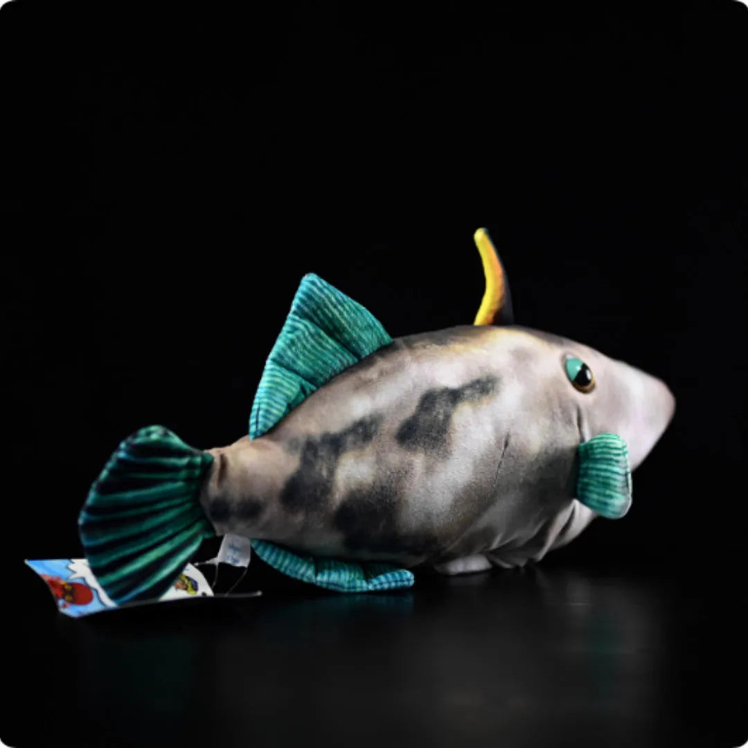 Simulation green fin pufferfish plush toy 42cm flannel soft doll on display