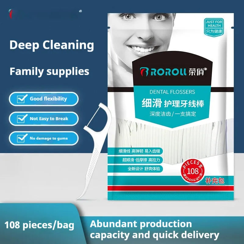 Dental floss with independent packaging in plastic material showing 100 single pack option