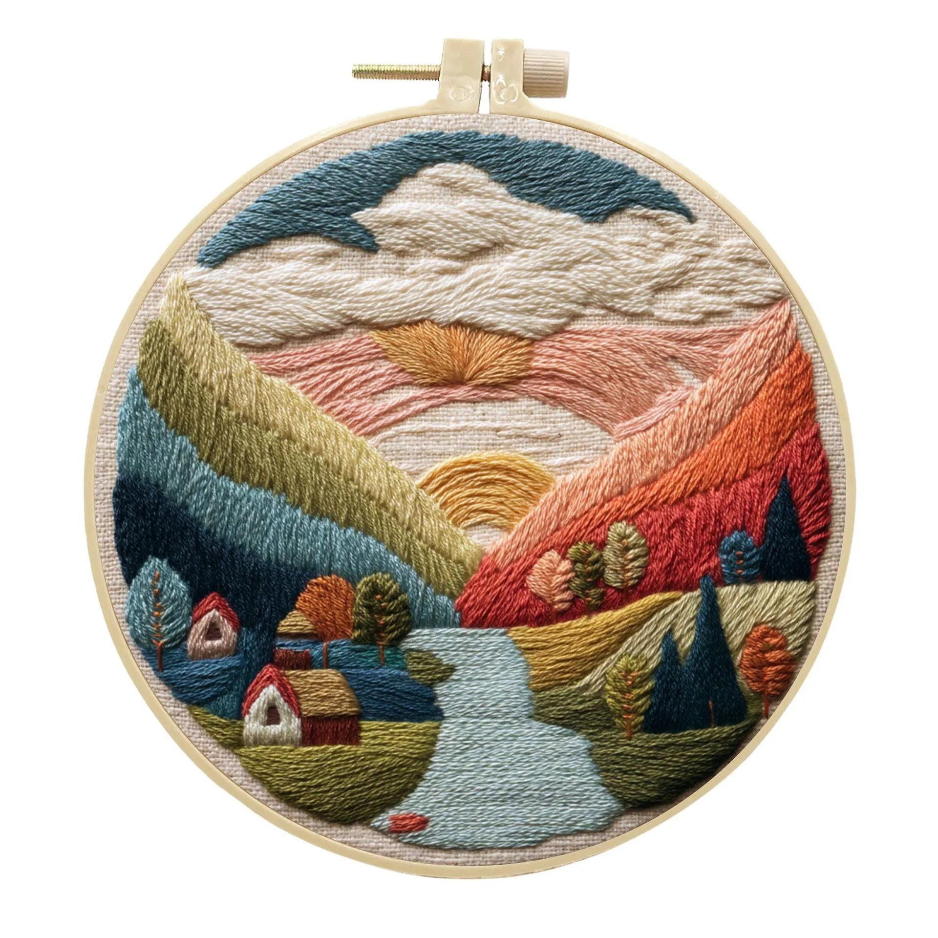 Embroidery DIY kit with printed landscape fabric, embroidery threads, needles, and frame for handmade cloth art