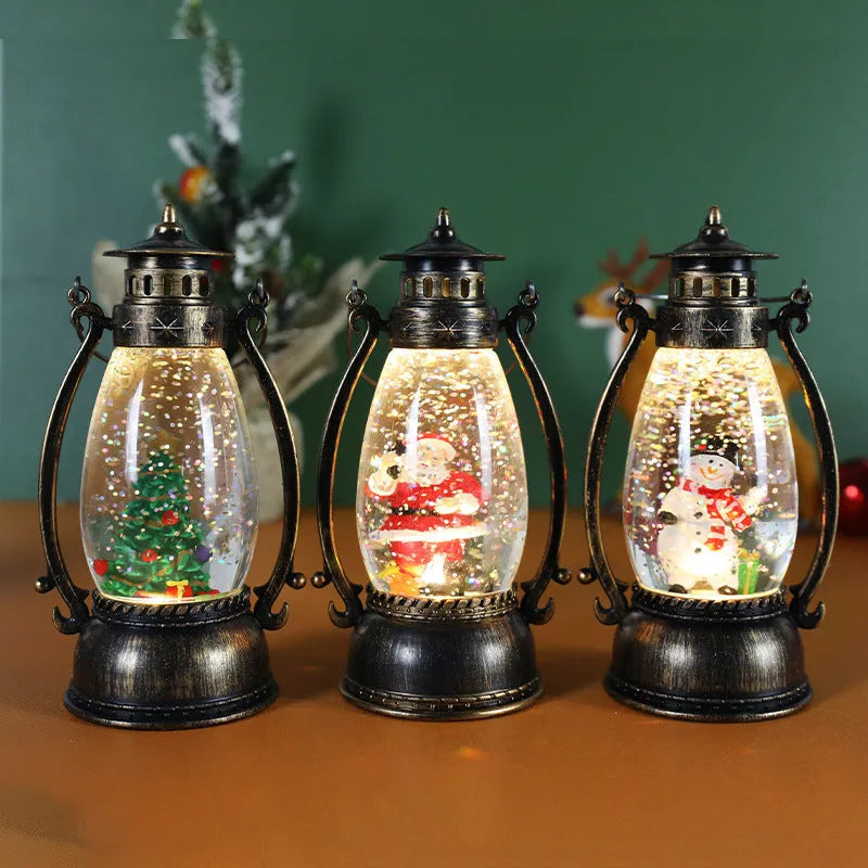 Plastic Christmas snow globe desktop decoration with glowing oil lamp and crystal ball design