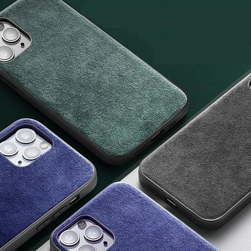 Suede iPhone case in dark blue colour showing textured finish and full-cover back protection design